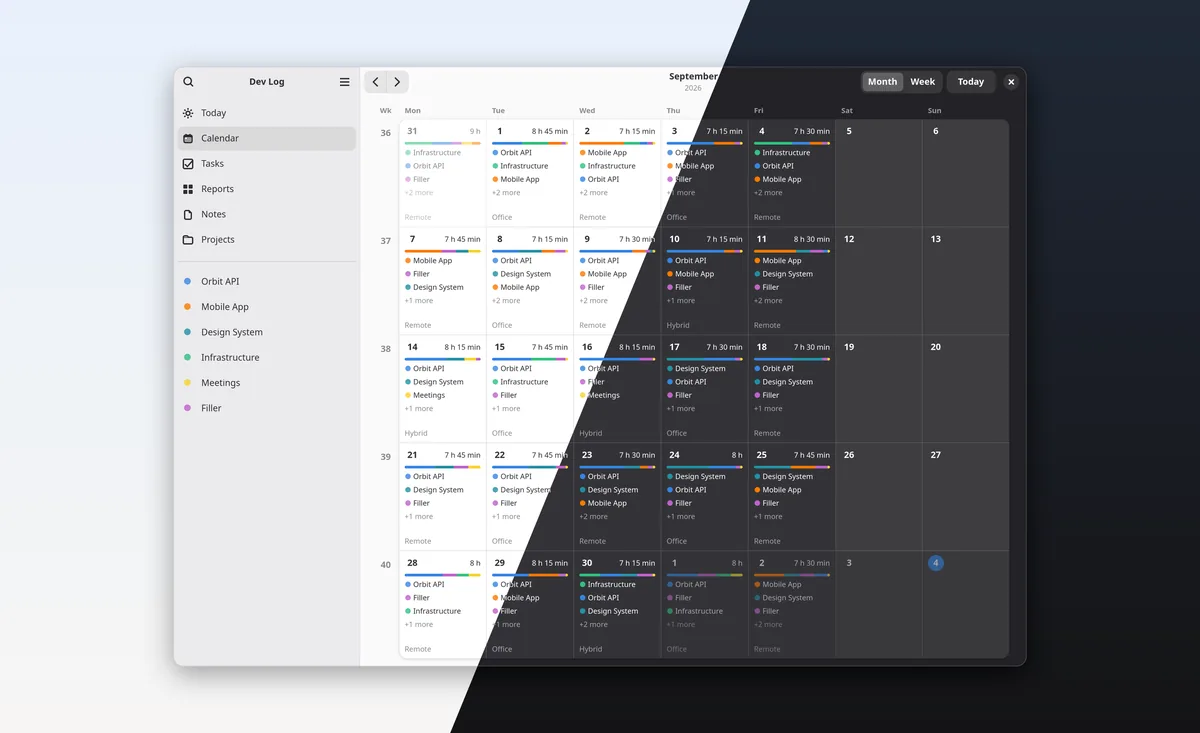 The month calendar with worked hours, projects and location for each day