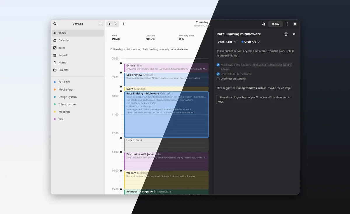 The day view: a timeline of colored blocks, one of them open with Markdown notes, check boxes and a quote