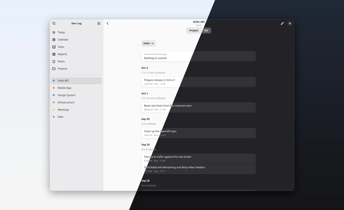 A project's Git tab, listing commits by day next to the time spent in blocks